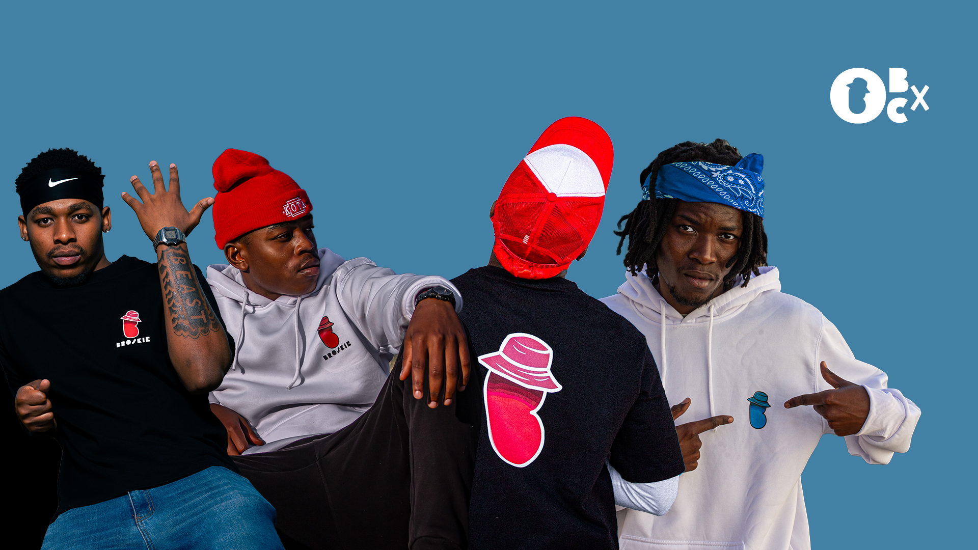 Five people wearing colorful beanies and hats against a blue background with BXC logo.